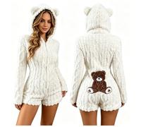Womens Cute Teddy Bear Onesie Pyjamas Fluffy Fleece Hooded Zip Up Sleepwear | Short Jumpsuit with 3D Ears Back Applique Cosy Sleepwear for Ladies Autumn Winter Loungewear Onesies for Women UK