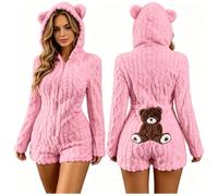 Womens Cute Teddy Bear Onesie Pyjamas Fluffy Fleece Hooded Zip Up Sleepwear | Short Jumpsuit with 3D Ears Back Applique Cosy Sleepwear for Ladies Autumn Winter Loungewear Onesies for Women UK