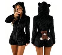 Womens Cute Teddy Bear Onesie Pyjamas Fluffy Fleece Hooded Zip Up Sleepwear | Short Jumpsuit with 3D Ears Back Applique Cosy Sleepwear for Ladies Autumn Winter Loungewear Onesies for Women UK