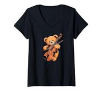 Womens Cute Teddy Bear Playing Cuddly Toy Cello Cellist Cellist V-Neck T-Shirt