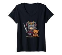 Womens Cute Teddy Bear Samurai with Ninja Sword Costume V-Neck T-Shirt