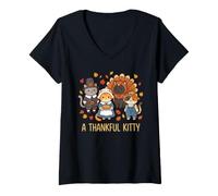 Women's Cute Thankful Kitty Thanksgiving Cats V-Neck T-Shirt