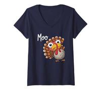 Womens Cute Thanksgiving Turkey Cow Moo Meow Meme Fluent in Lazy V-Neck T-Shirt