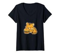 Womens Cute Tiger Burger Cartoon V-Neck T-Shirt