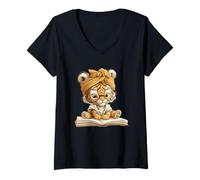 Women's Cute Tiger Cub Reading Book with V-Neck T-Shirt