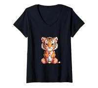 Women's Cute Tiger with Rocket Space Animal Design V-Neck T-Shirt
