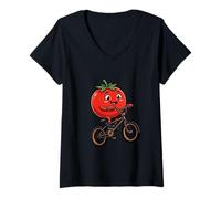 Women's Cute Tomato On Bicycle Funny Cycling Cartoon V-Neck T-Shirt