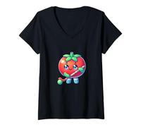 Womens Cute Tomato Playing Field Hockey Cartoon V-Neck T-Shirt