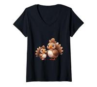 Women's Cute Turkey Mom and Baby Fowl Cartoon V-Neck T-Shirt