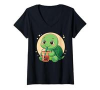Womens Cute Turtle Kawaii Anime Drinking Bubble Tea Girl Kids V-Neck T-Shirt