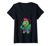 Womens Cute Turtle Rockstar with Mic and Mohawk V-Neck T-Shirt