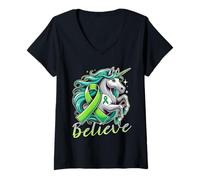 Womens Cute Unicorn Kidney Disease Green Ribbon Cancer Awareness V-Neck T-Shirt