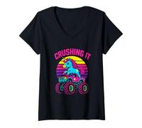 Womens Cute Unicorn Monster Truck Crushing It Kids Birthday Party V-Neck T-Shirt