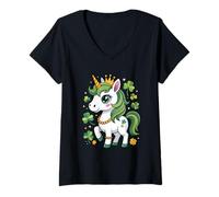 Women's Cute Unicorn Shamrock St Patricks Day Lucky Leprechaun V-Neck T-Shirt