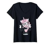 Women's Cute Unicorn Winking with Big Black Glasses Pink Bow Style V-Neck T-Shirt
