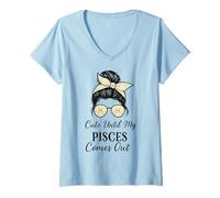 Womens Cute Until My Pisces Comes Out Messy Bun V-Neck T-Shirt