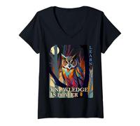 Women's Cute Vibrant Owl Pictures with Wisdom Quote and Full Moon V-Neck T-Shirt