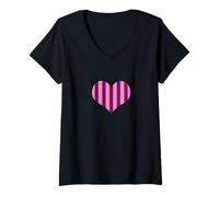 Women's Cute Violet and Peach Vertical Stripes Pattern Minimalist V-Neck T-Shirt