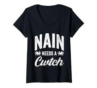 Womens Cute Wales Nain Needs A Cwtch Welsh Grandmother St Davids V-Neck T-Shirt