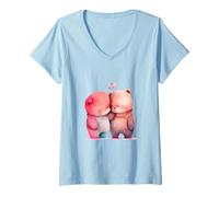 Women's Cute Watercolor Bears Hugging Love Hearts Design V-Neck T-Shirt