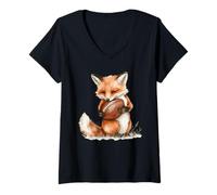 Women's Cute Watercolor Fox Hugging American Football Fan V-Neck T-Shirt