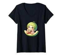 Womens Cute Watermelon Baby Playing Ukulele Summer Vibes V-Neck T-Shirt