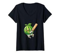 Women's Cute Watermelon Cricket Player Melon Pun V-Neck T-Shirt