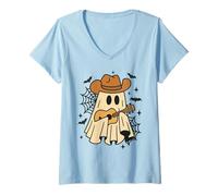 Womens Cute Western Ghost Playing Guitar Funny Halloween Tee V-Neck T-Shirt