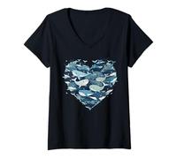 Women's Cute Whale Heart Ocean Animal Illustration V-Neck T-Shirt
