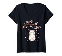 Women's Cute White Cat Sakura Petals Japanese Spring Blossom V-Neck T-Shirt