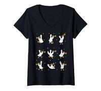 Women's Cute White Ducks Playing Trumpets Cartoon Starry Pattern Art V-Neck T-Shirt