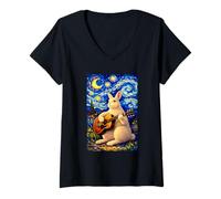 Women's Cute White Rabbit Playing Guitar Whimsical Bunny Art Music V-Neck T-Shirt
