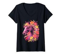 Womens Cute Wild Horses Floral Cowgirl Flowers Horse Team Ride V-Neck T-Shirt