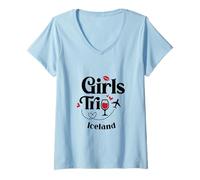 Womens Cute Wine Girls Trip Iceland Travel Vacation V-Neck T-Shirt