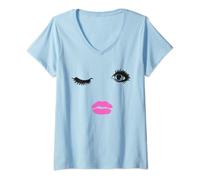 Womens Cute winking Eye Lashes Fashion Face Lips and Eyelashes V-Neck T-Shirt