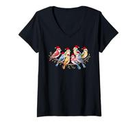 Womens Cute Winter Birds on Branch Nature Lover Cozy Christmas V-Neck T-Shirt