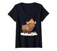 Womens Cute Winter Bison with Hat and Scarf V-Neck T-Shirt