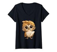 Women's Cute Wise Owl Reading Book with Headscarf V-Neck T-Shirt