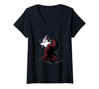 Womens Cute Witch Hat Ghost Shadow Figure Spooky Halloween V-Neck T-Shirt