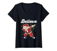 Womens Cute Xmas Believe Santa Dabbing Stars Around Holiday Costume V-Neck T-Shirt