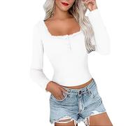 Women's Cute Y2k Preppy Fall Pointelle Lace Trim Button Down Scoop Neck Long Sleeve Stylish Cropped Tee Shirt