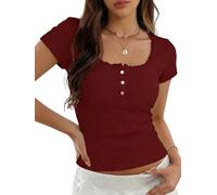 Womens Cute Y2K Tops Eyelet Lace Trim Short Sleeve Summer Henley T Shirts | Pointelle knit, Scoop Neck, Button Front, Slightly Crop Length, Slim Fitted, Preppy, School, Vacation, Daily Outfits.
