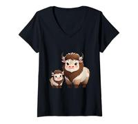 Women's Cute Yak Family Cartoon Animal Illustration V-Neck T-Shirt