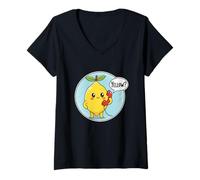 Womens Cute Yellow Lemon answering Phone Fruit Pun Humor Dad Joke V-Neck T-Shirt