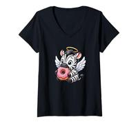 Women's Cute Zebra Angel with Donut V-Neck T-Shirt