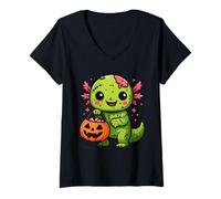 Womens Cute Zombie Axolotl Halloween Squad Kawaii Undead Salamander V-Neck T-Shirt