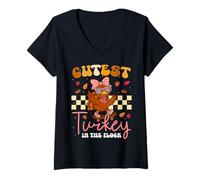 Womens Cutest Turkey in The Flock Fun Family Thanksgiving Vibes V-Neck T-Shirt
