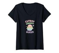 Womens Cutesy Creepy Queer Spooky Cute Energy Bold Pride Vibe V-Neck T-Shirt