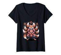 Womens Cyber Fox Samurai - Kitsune Warrior Art V-Neck T-Shirt