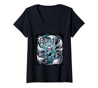 Womens Cyber Fox Warrior Japan Kitsune Cyberpunk V-Neck T-Shirt